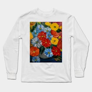 A beautiful bouquet of mixed flowers in a silver vase . Using Blod vibrant background colors Long Sleeve T-Shirt